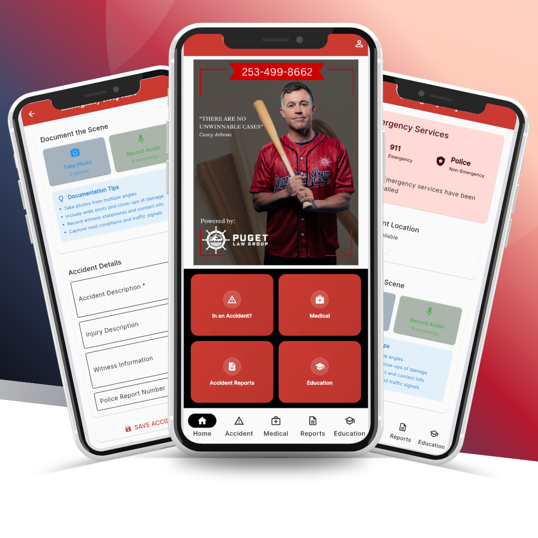 Casey mobile app screens showing accident reporting, emergency services, and client tools for law firms